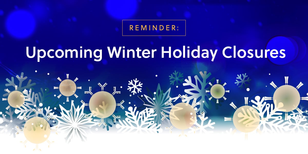 Graphic banner with dark blue background, gold boxed label “REMINDER,” large text “Upcoming Winter Holiday Closures,” and decorative white snowflakes and gold ornaments along the bottom.